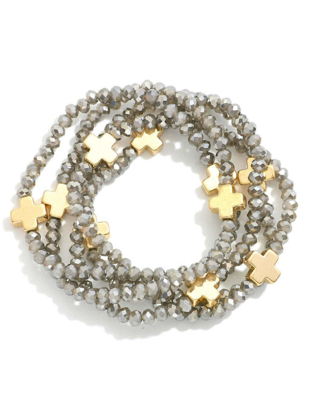 Gold Cross Gray Beaded Stretch Bracelet Stack Set of 5